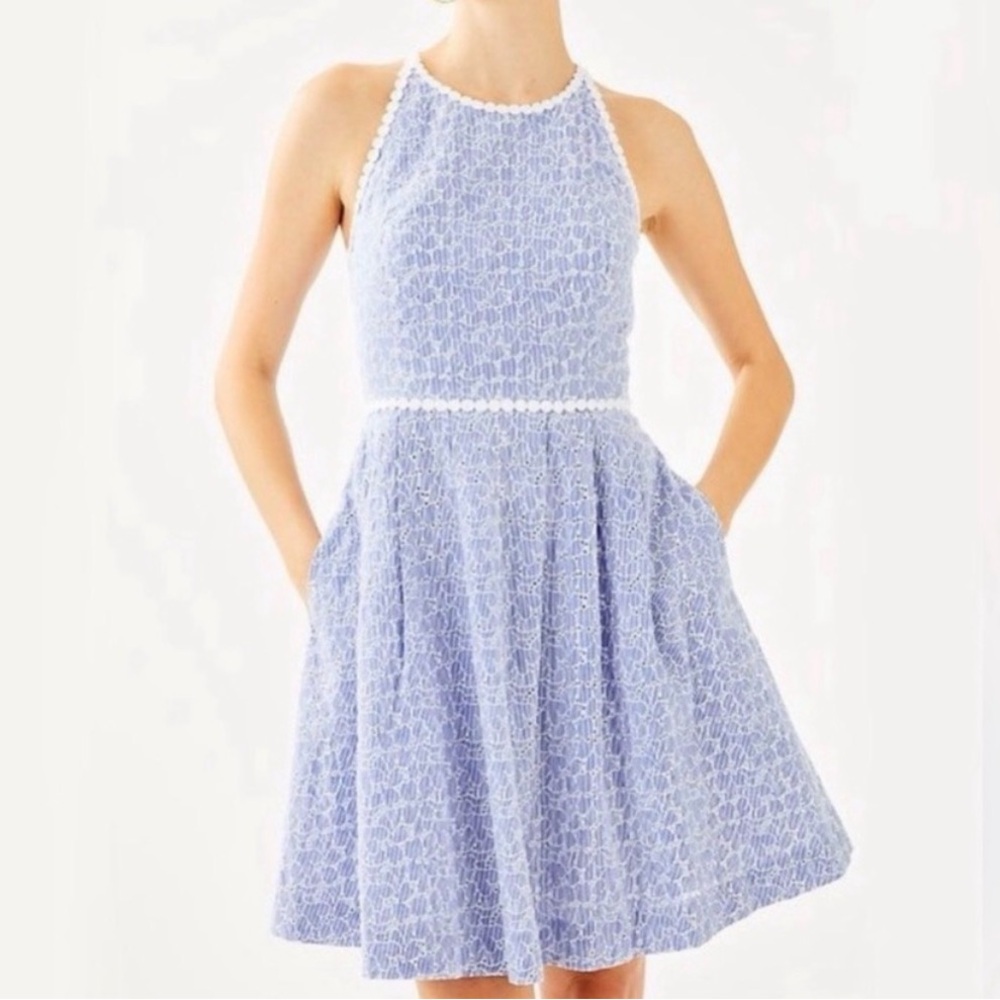 Lilly Pulitzer Tori dress in a blue and white print with lace detailing